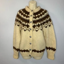 Vintage Sweater Makers Hand Knitted Wool Fair Isle Cardigan Cream Women's 