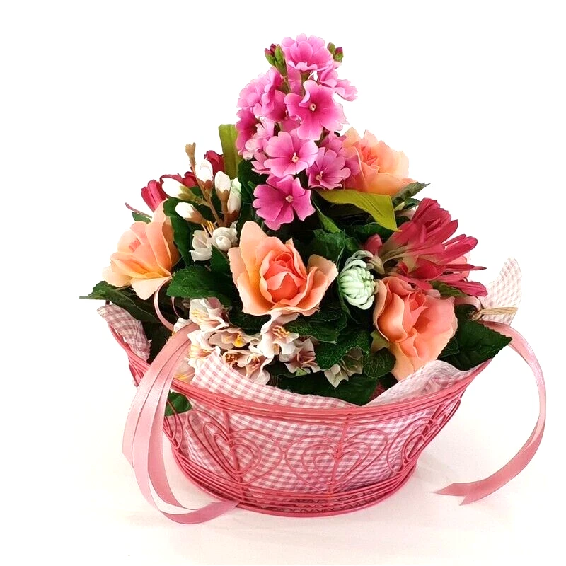 Gesteck im Metallkorb Primel Rosen Gerbera Rosa Kunstblumen Frühling - Bild 4 von 4