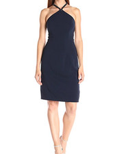 Carmen Marc Valvo Beaded V Neck Cocktail Dress Navy 4 NWT Knee Length Sleeveless