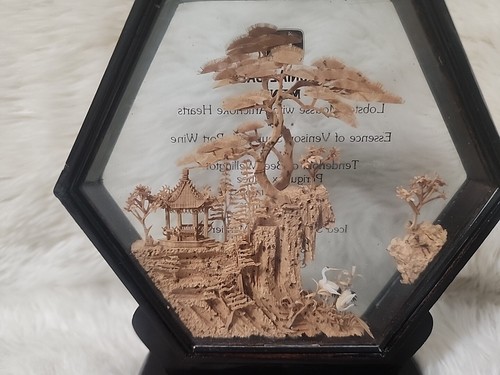 Vtg Chinese SanYou Diorama Cork Carving Glass Case Cranes Trees John Deere Ball - Picture 2 of 7