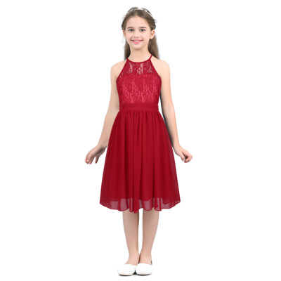 Girls Embroidered Lace High-Low Tulle Dress - Princess Pageant Birthday Party Gown, Deep Red, Size 5-6 Years