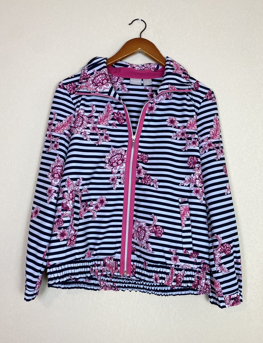 Chico's Zenergy UPF Neema Striped Floral Jacket Black White Pink