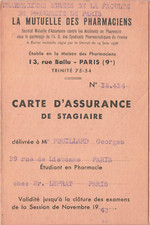 VIEUX PAPIER 1943 CARTE D'ASSURANCE DE STAGIAIRE MUTUELLE DES PHARMACIENS PARIS