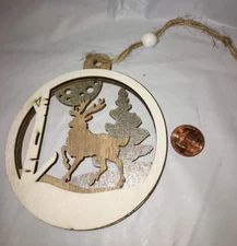 CHRISTMAS TREE ORNAMENT WOOD SILVER DEER ELK HUNTING NATURE HOLIDAY DECOR 3 3/4"