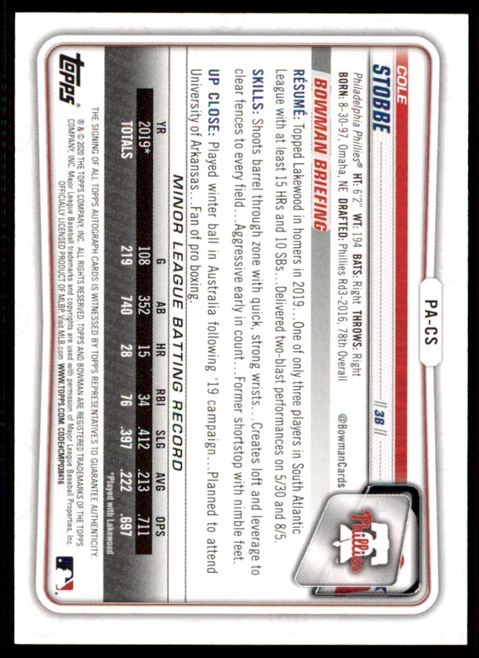 2020 Bowman Prospect AUTO #PACS Cole Stobbe - Image 2 of 2