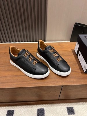 Zegna Black Deer Skin Grained Leather Triple Stitch Sneakers Shoes