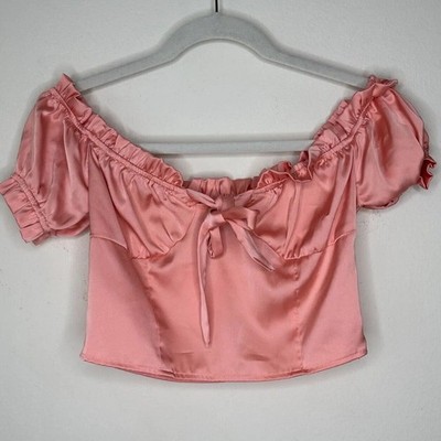 Nasty Gal Peachy Pink Satin Bodice Off Shoulder Crop Tie Close Ruffle Edge Top 6