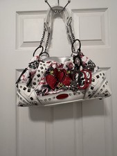 Ed Hardy Love Hearts Skull Roses Studded Satchel Handbag Silver Black Vegan Tote