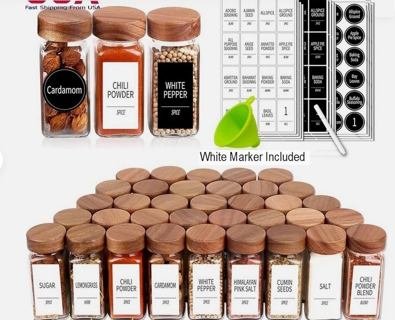 NEW 36 Glass Spice Jars + 547 Labels Shaker Lids 4 Oz Rectangular Lead Free Jars