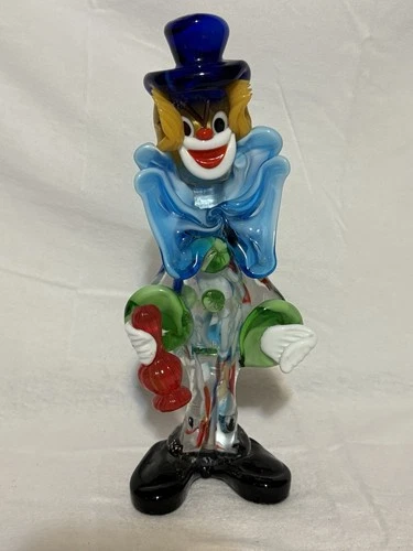 Gorgeous Murano Venetian Glass Clown 11" Figurine Blue Bow Tie And Top Hat