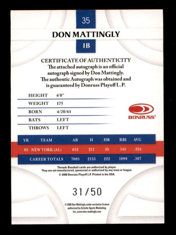 DON MATTINGLY 2008 DONRUSS THREADS YANKEES FOLHA DE OURO AUTÓGRAFO AUTOGRAFADO #31/50 T6389 - Imagem 2 de 2