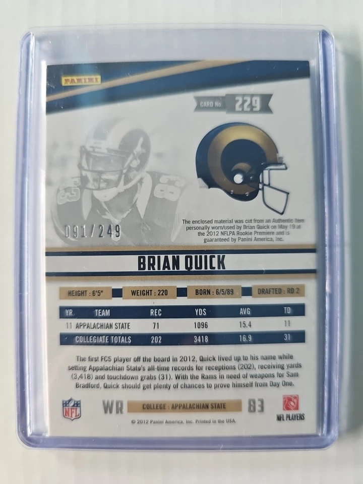 2012 Panini Rookies & Stars - Rookie Materials Brian Quick #229 /249 (MEM,RC) - Image 2 of 2