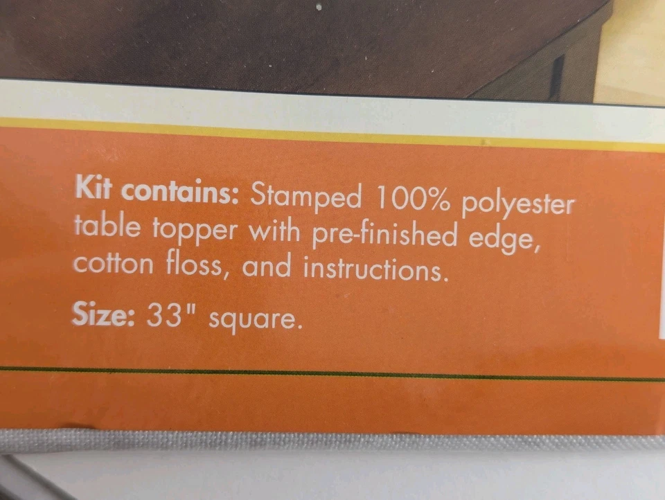 VTG NIP Stamped Cross Stitch Table Topper Kit 33" x 33" Pre finished Edge  - Image 4 of 4