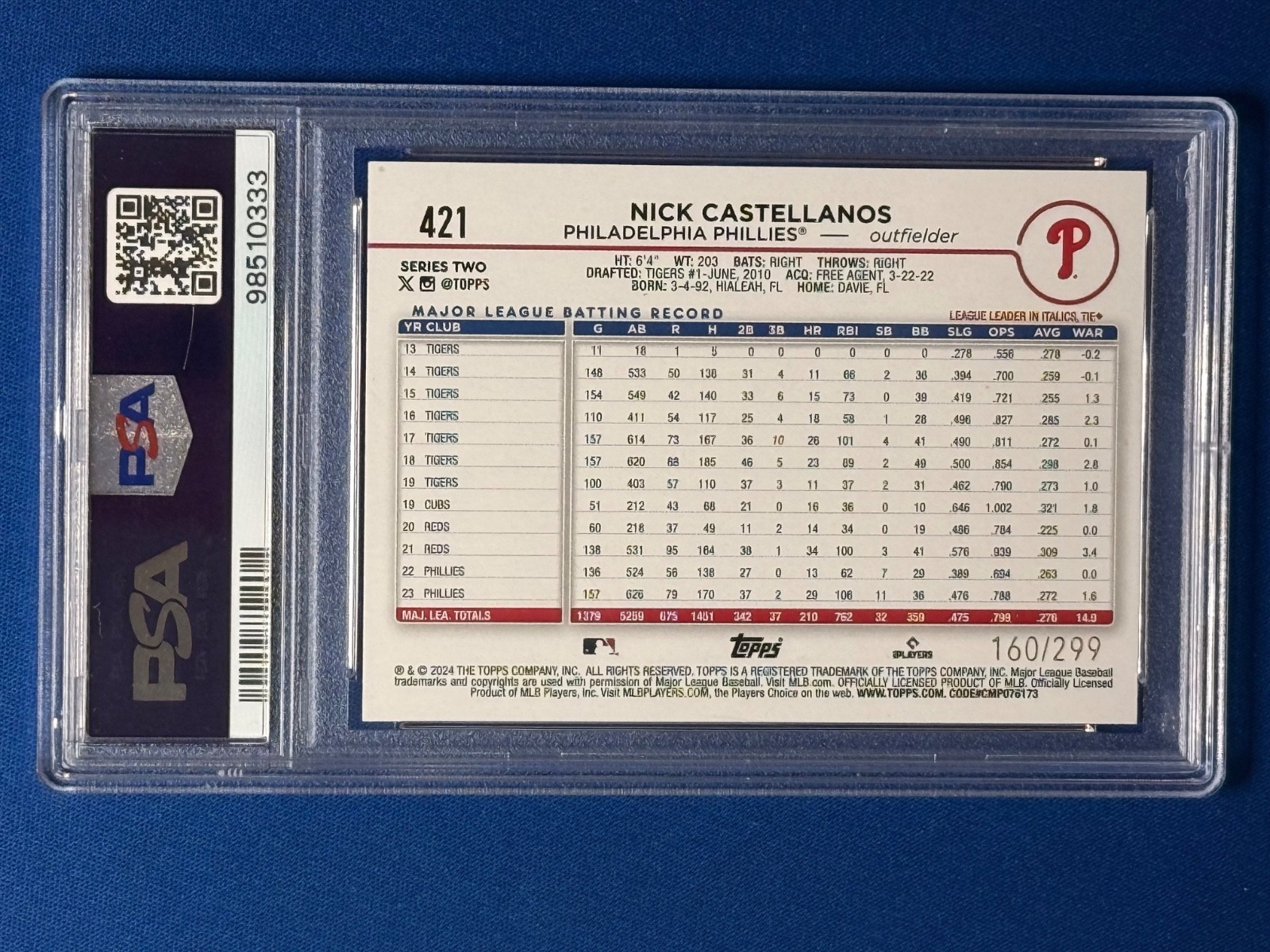 2024 Topps Series 2 - Nick Castellanos #421 Orange Foil 160/299 PSA 9 view 2