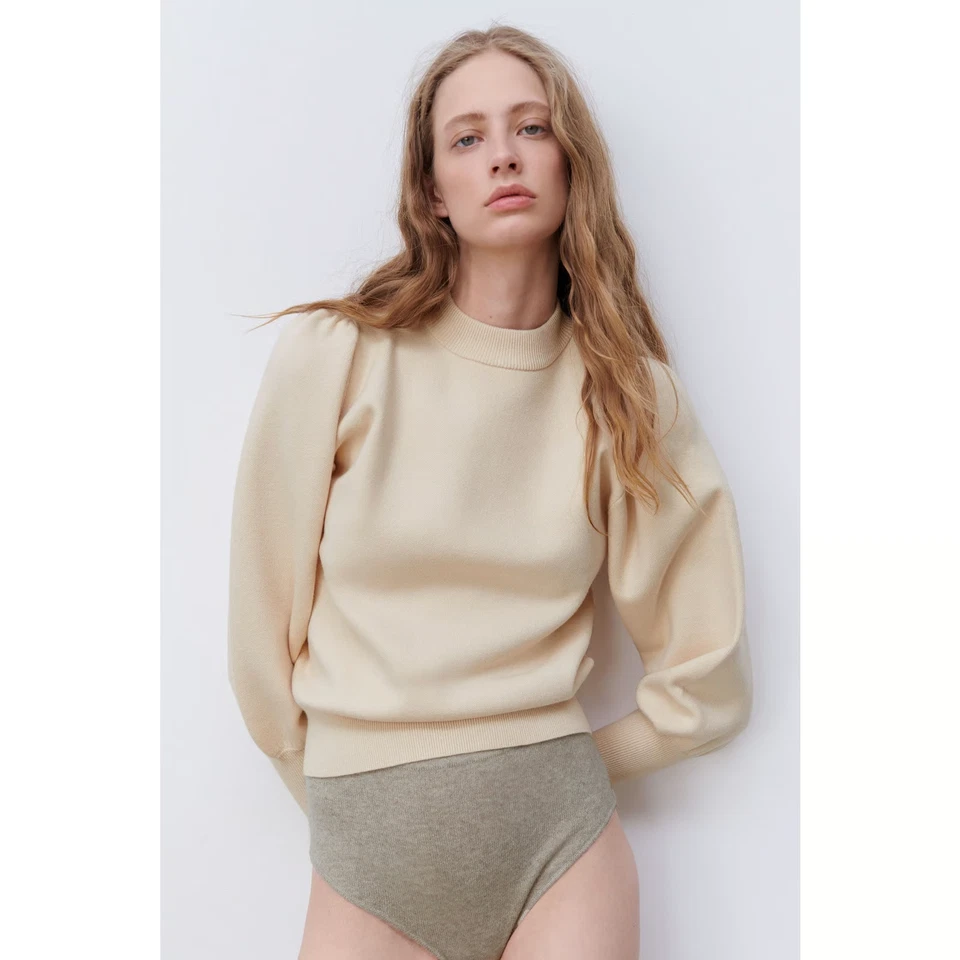 ZARA SWEATER NEUTRAL BEIGE PUFF BALOON SLEEVE HIGH MOCK NECK PULLOVER 6254/128 M - Image 2 of 4