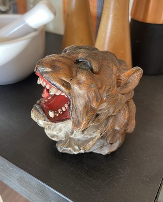 Vintage Antique Metal Figural BENGAL TIGER  Head Pen INKWELL original Cold paint