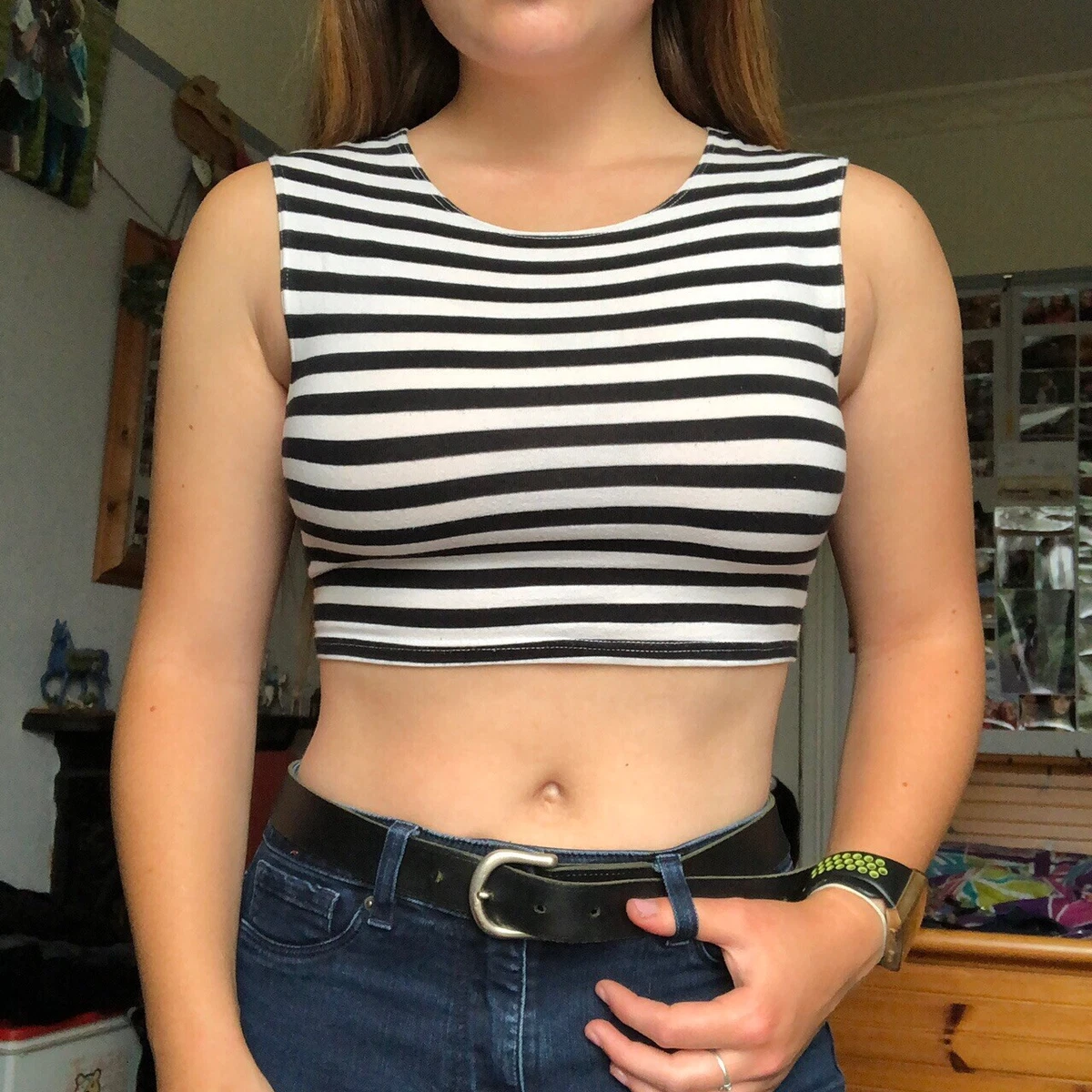 Topshop Black and White Striped Sleeveless Crop Top Size 6 eBay