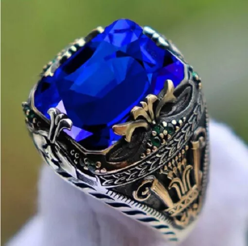 Men's Blue Silver Ring with Colored Stones