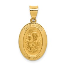 14K Yellow Gold Satin  Polished St. Joseph Pray For Us Medal Oval Pendant