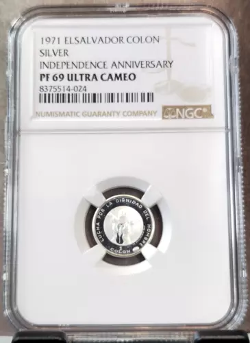 1971 EL SALVADOR SILVER 1 COLON INDEPENDENCE NGC PF 69 ULTRA CAMEO RARE TOP POP