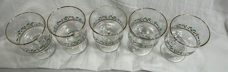 Vintage Arby's Holly and Berry Glass Dessert Sherbet Cup Gold Rim 8 oz Set of 5 - Image 2 of 4
