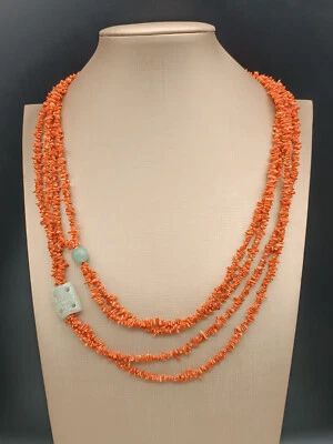 Collier Long Femme Vrai Corail Rouge De Sardaigne Jade Vert Naturel - Photo 1/4