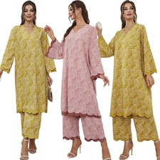 Dubai Turkey Women Long Sleeve Tops Pants Muslim Set Islamic Clothing Kaftan 2pc