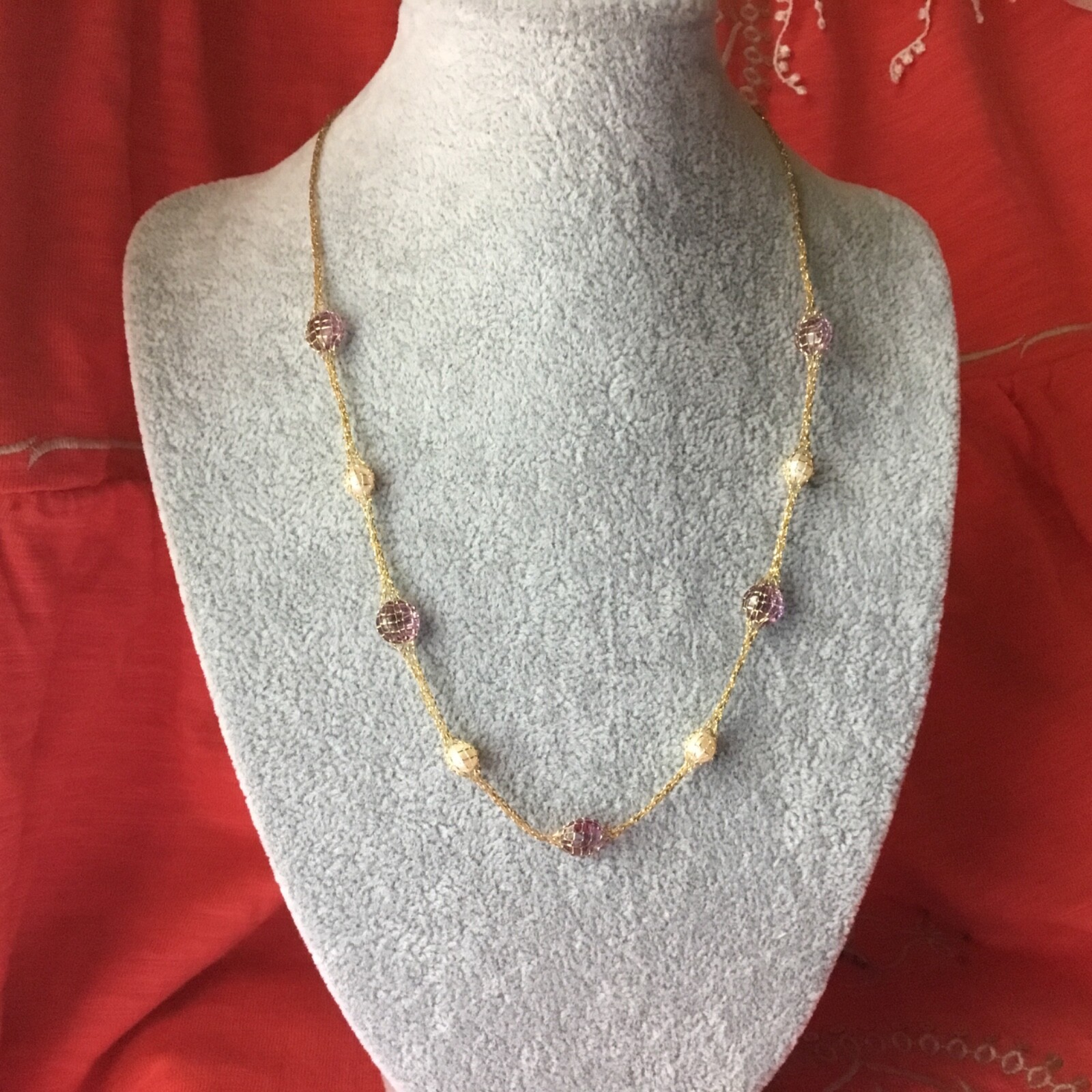 18k yellow gold pearl and amethyst mesh strand necklace, Italy, 18 inches