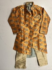 Boys Size 4T 3 Piece Traditional Indian Clothing Elephant Print Gold Pants