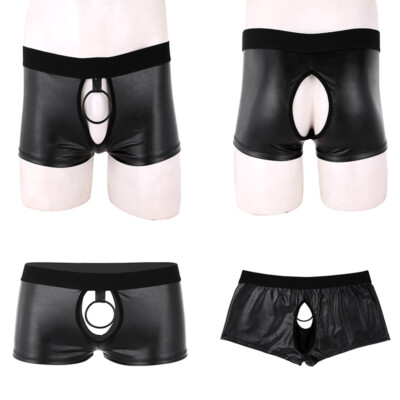 Freebily Herren Boxer Short Lack Leder Slip Tanga mit Loch Metall O-Ring Dessous