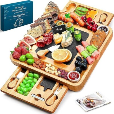 Tabla grande de bambú para charcutería con 2 cajones, cuchillo y cuencos regalo.