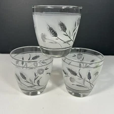 Set Of 3 Libbey Glasses Frosted Silver Leaf Old Fashioned Low Ball Vintage Glass