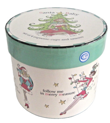 Rosanna CIB Santa Baby Holiday Set of 4 Ceramic Expresso Cups and Saucers in Box