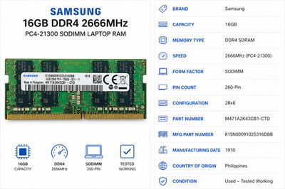 Samsung 16GB DDR4 2666MHz PC4-21300 SODIMM RAM M471A2K43CB1-CTD Tested Working