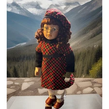 -DOLL VTG Porcelain Brown Curly Hair Green Eyes 16” Plaid Dress Glasses