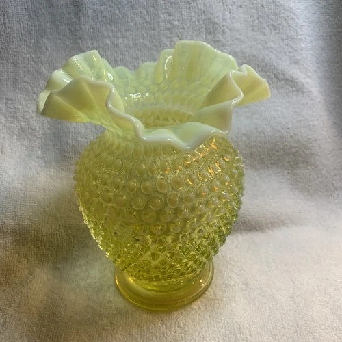Vintage Fenton Topaz Hobnail Opalescent Vaseline Uranium Glass Vase