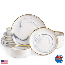 Pokini Marble Gold Rim Dinnerware Sets Porcelain Plates And Bowls Sets Modern