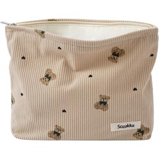 Cute Corduroy Makeup Bag with Bear Pattern Kawaii Cosmetic Pouch for Women Girls