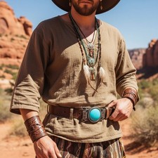 Men Women Western Fashion Belt Buckle Silver Metal Turquoise Blue Bead Cowboys