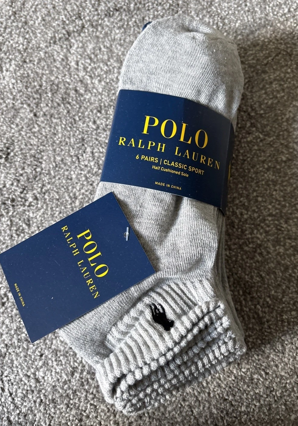 NEW RALPH LAUREN SOCKS FOR MEN 6 PAIRS GRAY CLASSIC SPORT HALF CUSHIONED SOLE