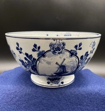 Delft Blue And White Large Dish Bowl Windmill Scene And Flowers