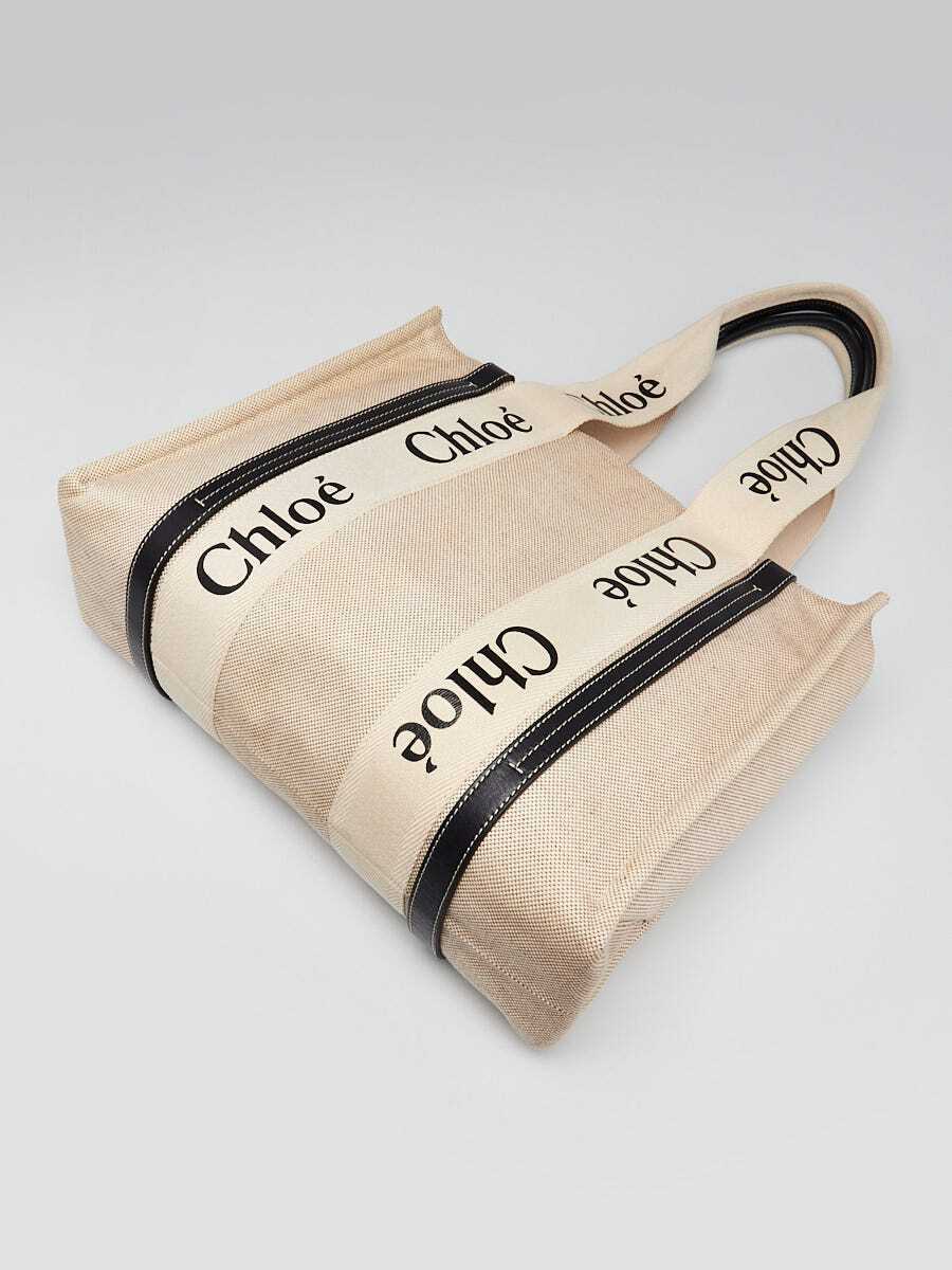 Chloe Beige/Black Canvas/Leather Medium Woody Tote Bag | eBay