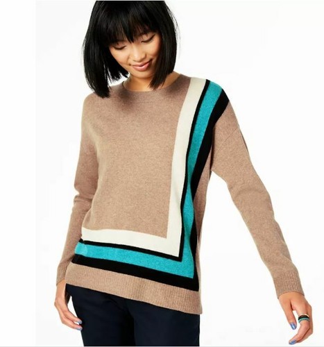 Charter Club Women's Border Trim Cashmere Sweater Dark Beige Size X-Small