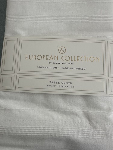 European Collection Thyme & Sage White on embroidered stripe Table Cloth 60"x84" - Picture 2 of 3
