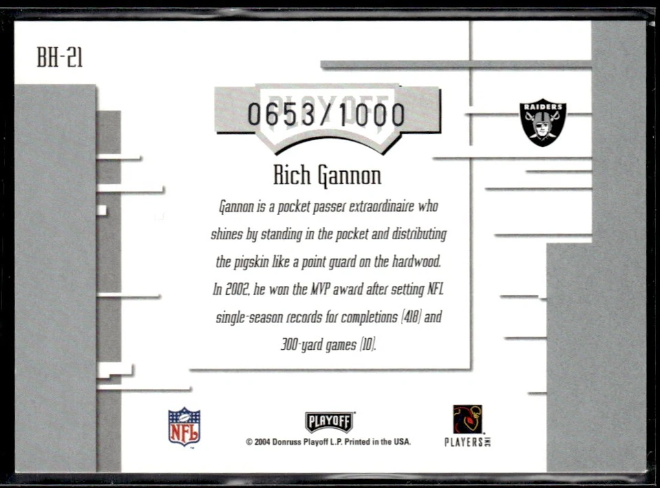 2004 Playoff Absolute Memorabilia Boss Hoggs Rich Gannon 0653/1000 Oakland - Image 2 of 2