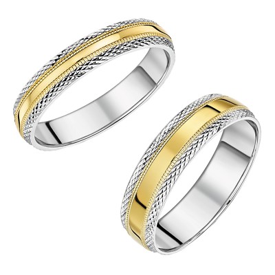 His & Hers Eheringe 4 & 6 mm 9 kt Gelbgold & Weißgold gemustert