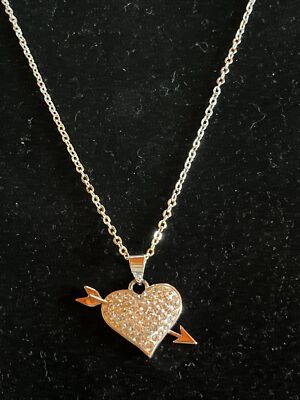 RHINESTONE HEART & ARROW PENDANT SILVER TONE CHAIN NECKLACE 18 