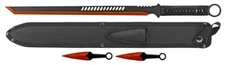 3pc 27" Machete Set w/ 2x Throwing Knives Nylon Sheath Case 440 Steel Red Black