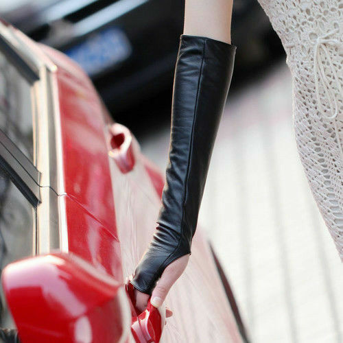Fingerless Genuine Leather Ladies Long Sleeve Elbow Driving Gloves Women Girls - 第 3/4 張圖片
