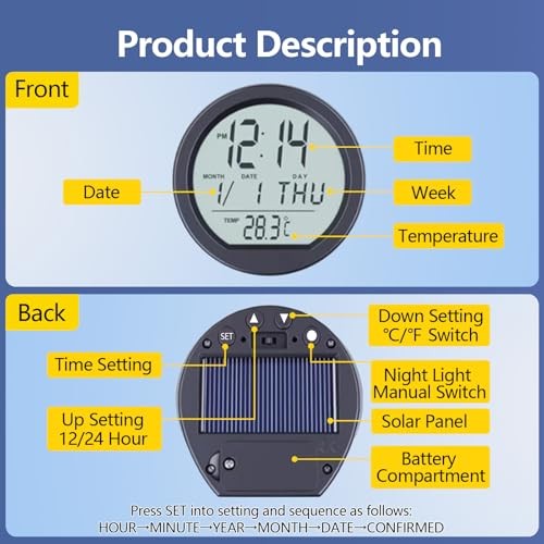 Car Dashboard Clock with Automatic Backlight at Night, Fahrenheit Temperature, - Picture 8 of 8
